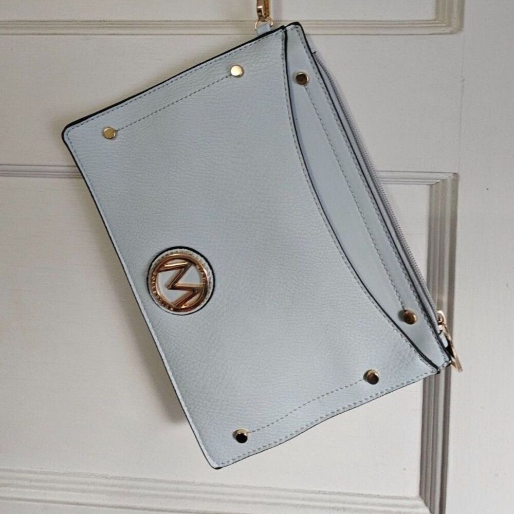 MKF Collection by Mia K Simone Wristlet Clutch Vegan Leather Ice Blue Gold Tone